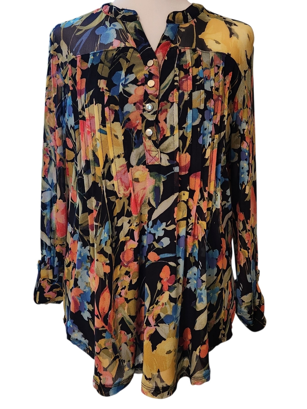 Roz & Ali Navy Floral Pintuck V-Neck Blouse Pleated Multi-Color Size L